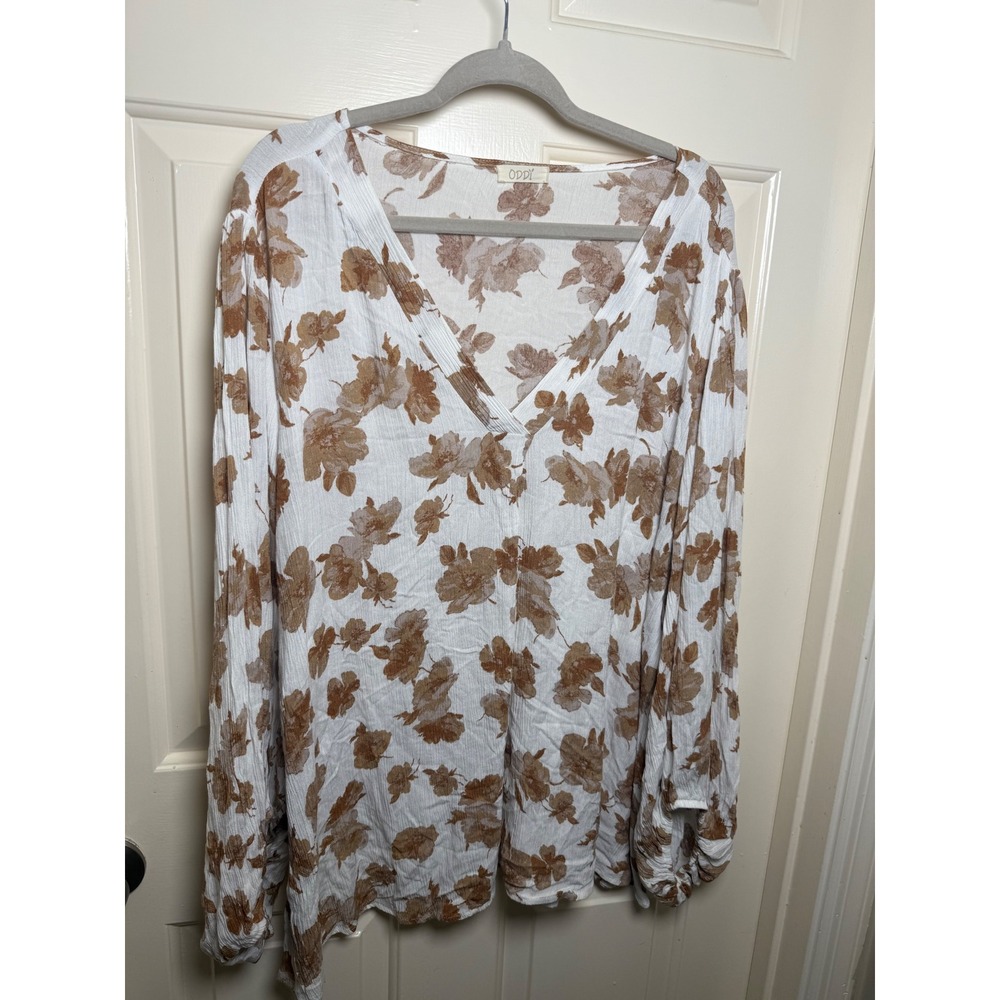 ODDI Women White Brown Floral V-Neck Long Sleeve Blouse